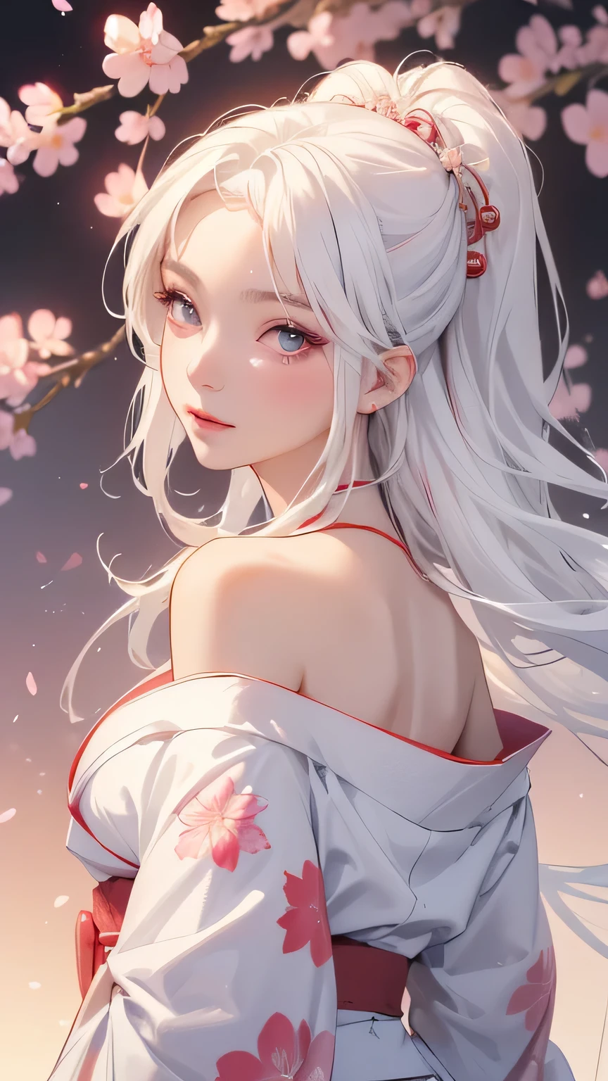 ((Styled white hair:1.5))(Japan kimono with cherry blossom pattern:1.3), Symmetric, (highest quality, Realistic:1.4, RAW Photos:1.2, Cinematic Light, Highly detailed illustration), (1woman:1.3, alone), (Asian Girl, Very delicate face, Super beautiful face, Very delicate eyes, Highly detailed nose, Very sophisticated mouth, Highly detailed facial features), woman, (Medium Bust:1.3), skin, Lip gloss, Laughter, Full Body View, High resolution, High resolution, 8k, Masterpiece 2:1, Skin radiance, Shining skin, Young girl,( Kyoto、Scattering cherry blossoms)、(Off the shoulder, Scapula、kimono、Exposing shoulders、Beautiful cleavage)