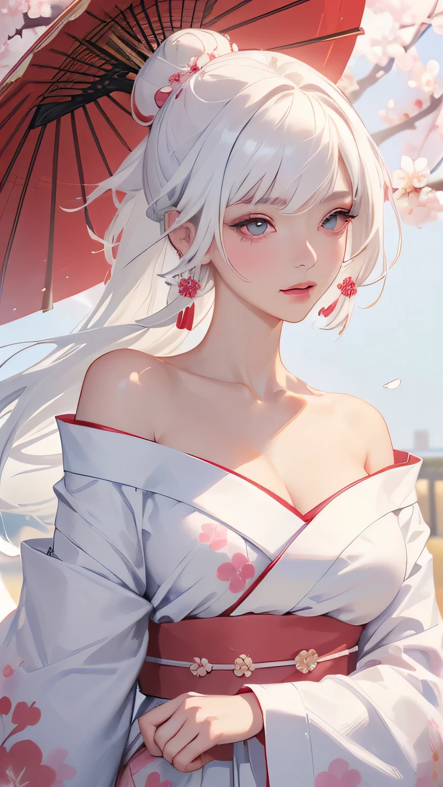 ((Styled white hair:1.5))(Japan kimono with cherry blossom pattern:1.3), Symmetric, (highest quality, Realistic:1.4, RAW Photos:1.2, Cinematic Light, Highly detailed illustration), (1woman:1.3, alone), (Asian Girl, Very delicate face, Super beautiful face, Very delicate eyes, Highly detailed nose, Very sophisticated mouth, Highly detailed facial features), woman, (Medium Bust:1.3), skin, Lip gloss, Laughter, Full Body View, High resolution, High resolution, 8k, Masterpiece 2:1, Skin radiance, Shining skin, Young girl,( Kyoto、Scattering cherry blossoms)、(Off the shoulder, Scapula、kimono、Exposing shoulders、Beautiful cleavage)