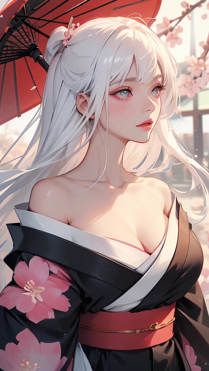 ((Styled white hair:1.5))(Japan kimono with cherry blossom pattern:1.3), Symmetric, (highest quality, Realistic:1.4, RAW Photos:1.2, Cinematic Light, Highly detailed illustration), (1woman:1.3, alone), (Asian Girl, Very delicate face, Super beautiful face, Very delicate eyes, Highly detailed nose, Very sophisticated mouth, Highly detailed facial features), woman, (Medium Bust:1.3), skin, Lip gloss, Laughter, Full Body View, High resolution, High resolution, 8k, Masterpiece 2:1, Skin radiance, Shining skin, Young girl,( Kyoto、Scattering cherry blossoms)、(Off the shoulder, Scapula、Black kimono、Exposing shoulders、Beautiful cleavage)(White Hair、Black kimono、Black sleeves、Black hem、Red belt)