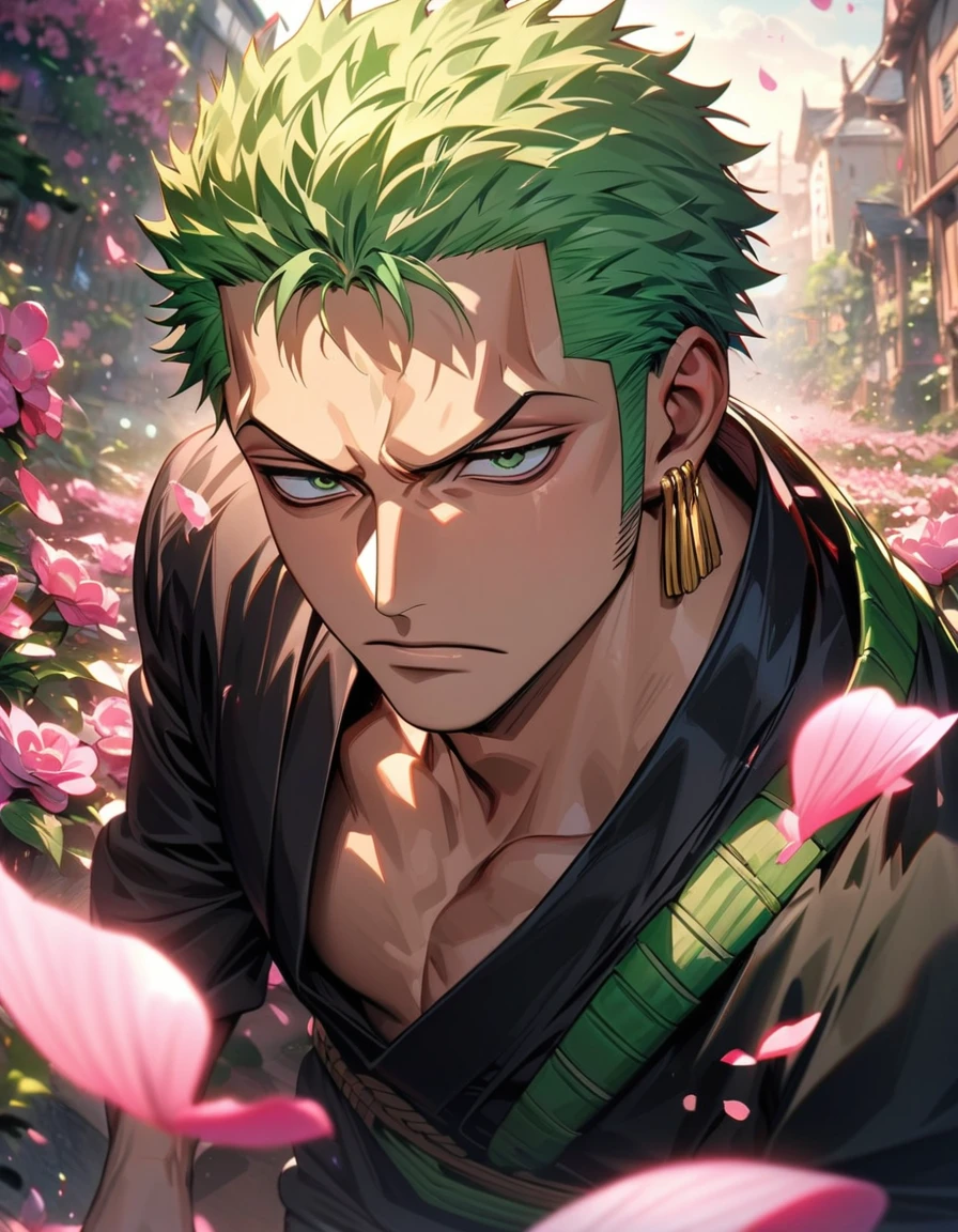 absurdres, highres, ultra detailed, HDR, masterpiece, extremely detailed face and eyes, Roronoa Zoro, green hair, expressive green eyes, One Piece, solo, man, handsome, black kimono, pink butterflies, pink petals, pink flowers