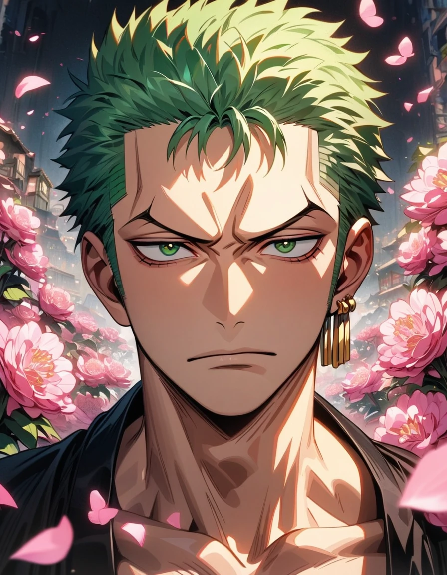 absurdres, highres, ultra detailed, HDR, masterpiece, extremely detailed face and eyes, Roronoa Zoro, green hair, expressive green eyes, One Piece, solo, man, handsome, black kimono, pink butterflies, pink petals, pink flowers