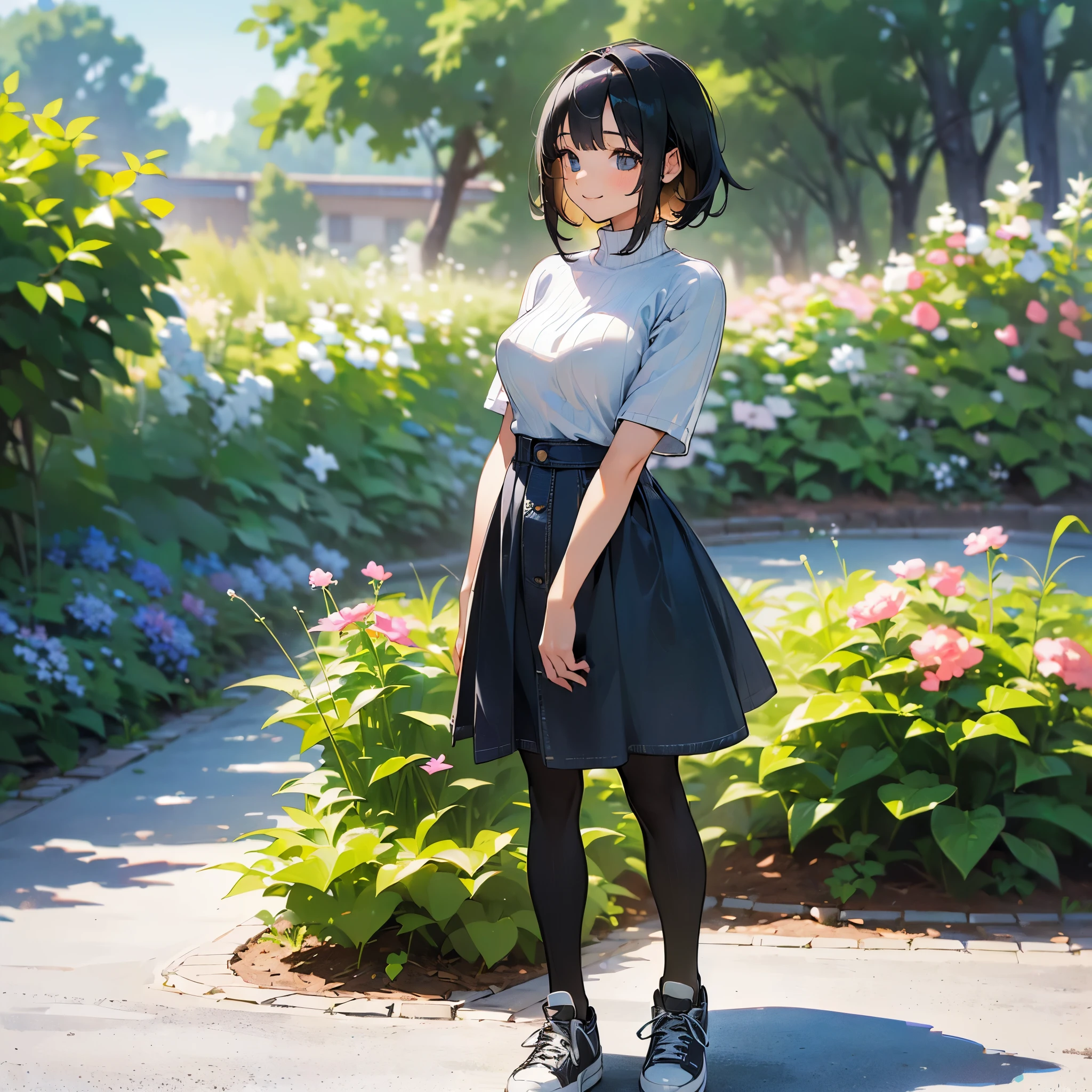 (high quality, High resolution, Very detailed, reality:1.37), Peaceful atmosphere, (Outdoor, garden), Teenage girl standing alone, (my breasts are big.), Beautiful details, Cute Smile, (Black bob hair), Short sleeve ribbed sweater, Denim skirt, Black tights, sneakers.