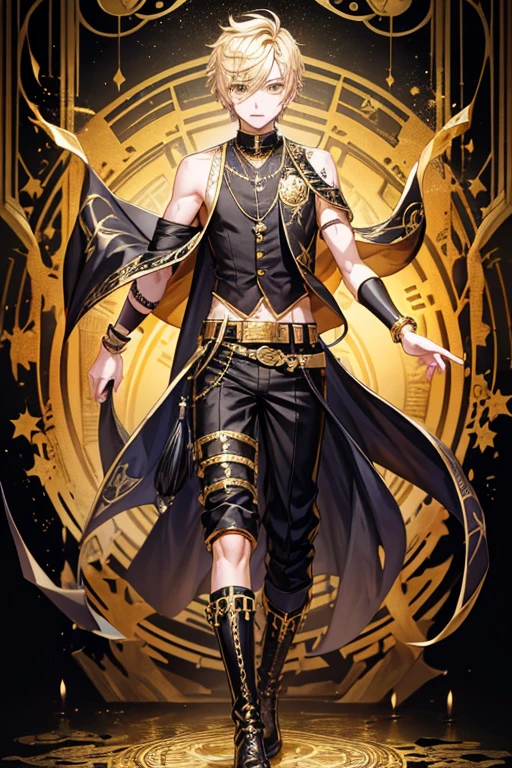 Bill Cipher 20 year old boy with blonde hair, short messy hair, djinn clothing, open gold sleeveless vest, black gold vest with black arabic print, black arabic pants, gold belt, djinn bracelet with black oxidiana gems, boots Brown, phosphorescent gold tattoos, surrounded by black-gold fire and smoke on a background of Arabian ruins.
