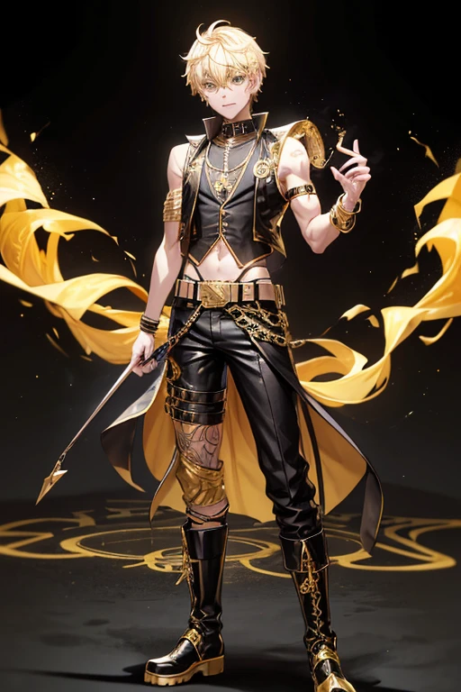Bill Cipher 20 year old boy with blonde hair, short messy hair, djinn clothing, open gold sleeveless vest, black gold vest with black arabic print, black arabic pants, gold belt, djinn bracelet with black oxidiana gems, boots Brown, phosphorescent gold tattoos, surrounded by black-gold fire and smoke on a background of Arabian ruins.