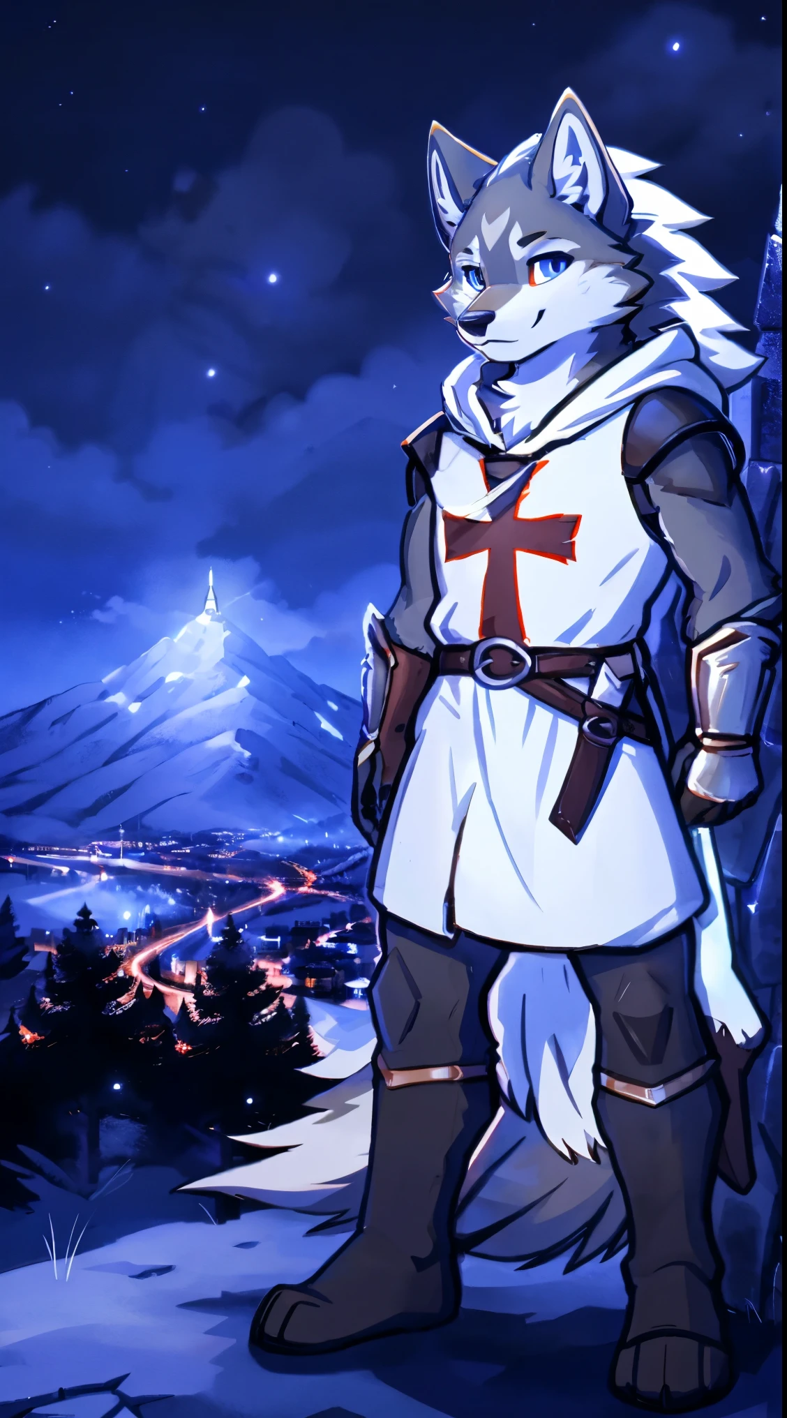 a full body, anthropomorphic grey wolf kid wearing a templar armor, wolf face, cute face, glossy fur, big fluffy neckfur, posing for a picture in a hill at night with a city in the distance