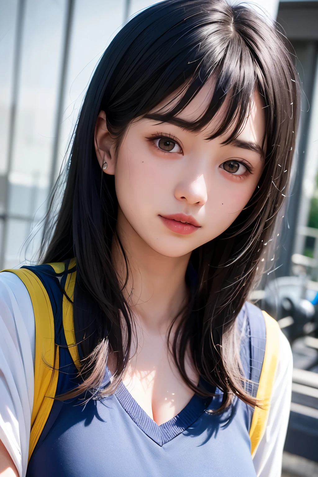 (1 nogizaka girl,raw photo,photo realistic:1.5),(best quality, high quality,HDR, highest quality,ultra high resolution,high resolution,high res,ultra high difinition,huge file size,8K,2K wallpaper,8K wallpaper,high quality texture,amazing,an extremely delicate:1.4),one girl, Japanese famous idol,beautiful face,small face,absurd,ridiculous,incredibly ridiculous,portrait,breasts close up,blurry background,(gym uniform,cleavage,no makeup:1.2),medium skin,beautiful skin,detailed skin,small head,black hair,silky hair,(Japanese eyes:1.3),detailed eyes,black eyes,Japanese idol eyes,perfectly propotioned face,Japanese nose,5-fingers,(Light Particles, Lens Flare, Luminous Particles: 0.7),looking at viewer,bright lighting,professional lighting,girl