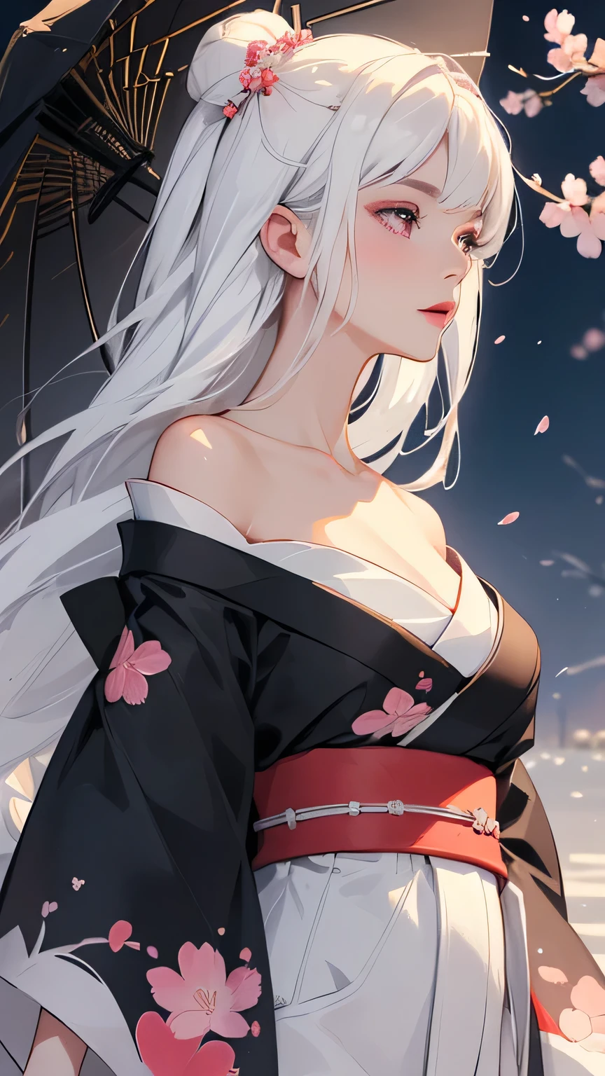 ((Styled white hair:1.5))(Japan kimono with cherry blossom pattern:1.3), Symmetric, (highest quality, Realistic:1.4, RAW Photos:1.2, Cinematic Light, Highly detailed illustration), (1woman:1.3, alone), (Asian Girl, Very delicate face, Super beautiful face, Very delicate eyes, Highly detailed nose, Very sophisticated mouth, Highly detailed facial features), woman, (Medium Bust:1.3), skin, Lip gloss, Laughter, Full Body View, High resolution, High resolution, 8k, Masterpiece 2:1, Skin radiance, Shining skin, Young girl,( Kyoto、Scattering cherry blossoms)、(Off the shoulder, Scapula、Black kimono、Exposing shoulders、Beautiful cleavage)(White Hair、Black kimono、Black sleeves、Black hem、Red belt)