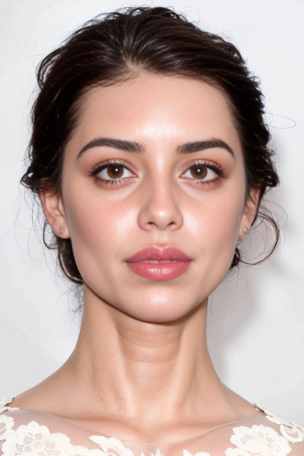 A close-up of a woman with a pink lipstick and a white dress, Portrait Sophie Mudd, Charli Bowater, stoya, Ana de Armas, Charming and symmetrical face, Portrait Anya Taylor-Joy, attractive female face!!!, emale_Taylor-Joy, Aubrey Plaza, Portrait of Ana de Armas, Magnifique Kacey Rohl, yeux lisses