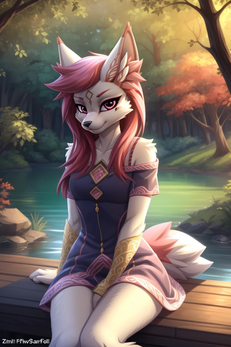 By zinfyuu on pixiv,by twistedscarlet60, uploaded on pixiv, by fluff-kevlar, (masterpiece), (best quality), (anthro furry:1.3, snout:1.2, anthro:1.3, furry:1.2, solo female:1.2), (extremely detailed:1.3), (pink_detailed_eye), wearing white dress, sfw, forest, sitting, lake, nature beauty, view on viewer, kimiko