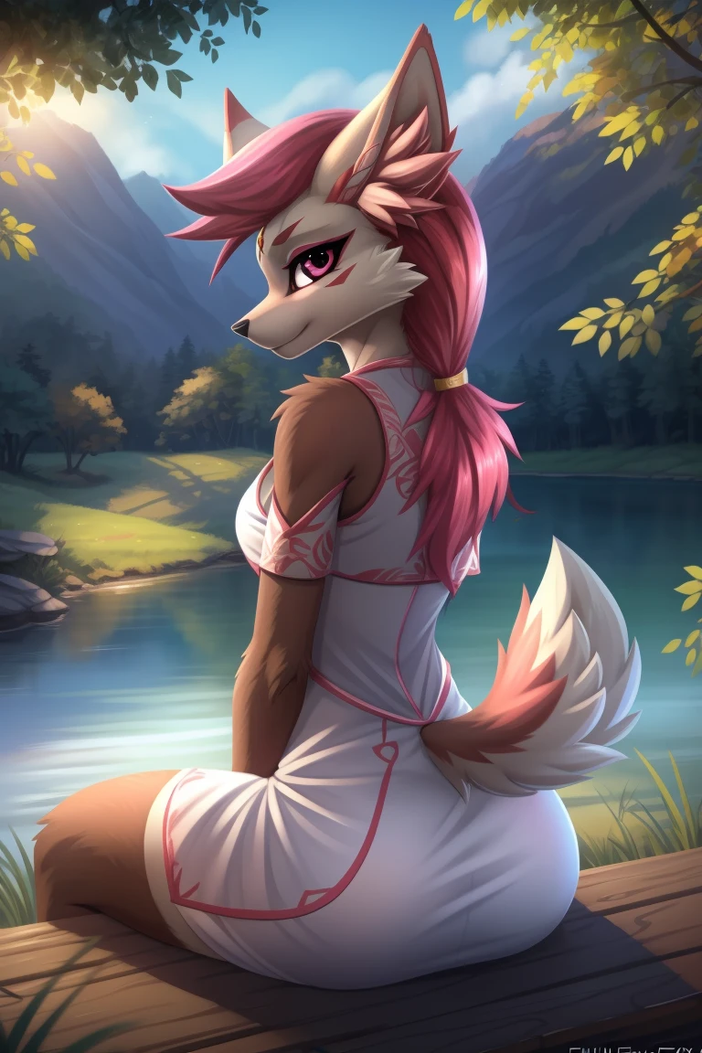 masterpiece, best quality, detailed, pov, 1girl, Hisuian Zoroark, blonde hair, confused expression, blue eyes, visible nipples, visible vagina, grassy field, distant mountains background, dusk,