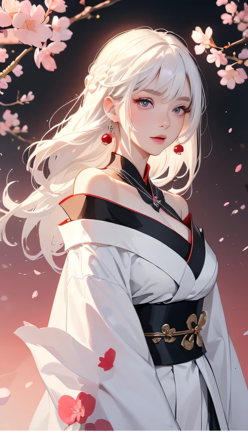 ((Styled white hair:1.5))(Japan kimono with cherry blossom pattern:1.3), Symmetric, (highest quality, Realistic:1.4, RAW Photos:1.2, Cinematic Light, Highly detailed illustration), (1woman:1.3, alone), (Asian Girl, Very delicate face, Super beautiful face, Very delicate eyes, Highly detailed nose, Very sophisticated mouth, Highly detailed facial features), woman, (Medium Bust:1.3), skin, Lip gloss, Laughter, Full Body View, High resolution, High resolution, 8k, Masterpiece 2:1, Skin radiance, Shining skin, Young girl,( Kyoto、Scattering cherry blossoms)、(Off the shoulder, Scapula、Black kimono、Exposing shoulders、Beautiful cleavage)(White Hair、Black kimono、Black sleeves、Black hem、Red belt)