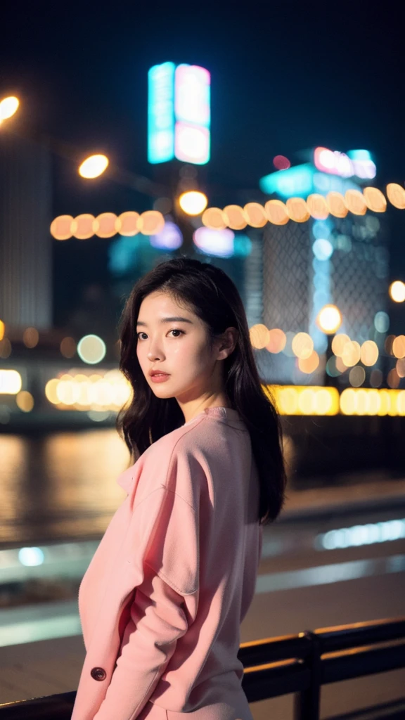 (Cinematic Aesthetic:1.4) Photo of a beautiful korean fashion model bokeh city night.pink