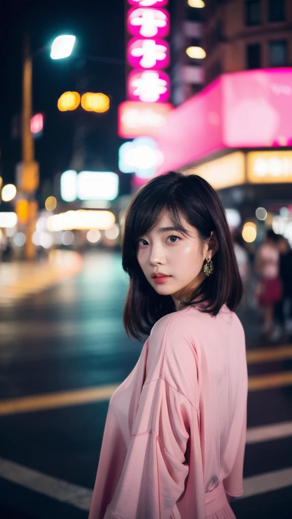 (Cinematic Aesthetic:1.4) Photo of a beautiful korean fashion model bokeh city night.pink