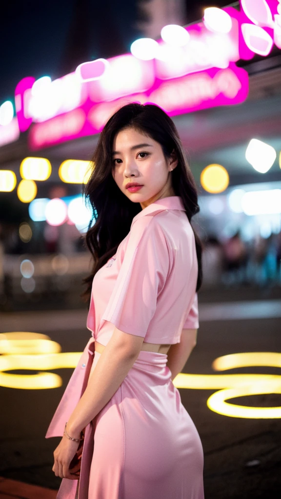 (Cinematic Aesthetic:1.4) Photo of a beautiful korean fashion model bokeh city night.pink