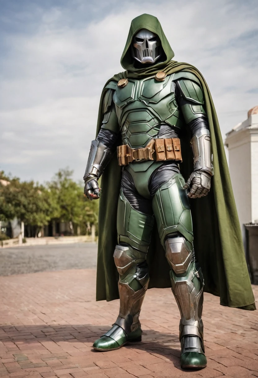 ((full body photo, standing, feet on the ground))  Marvel character Dr. Doom. classic costume. Studio photograph. Film Grain. armor scratches. blood veins in eyes. Low angle. High quality, highly detailed. full body shot