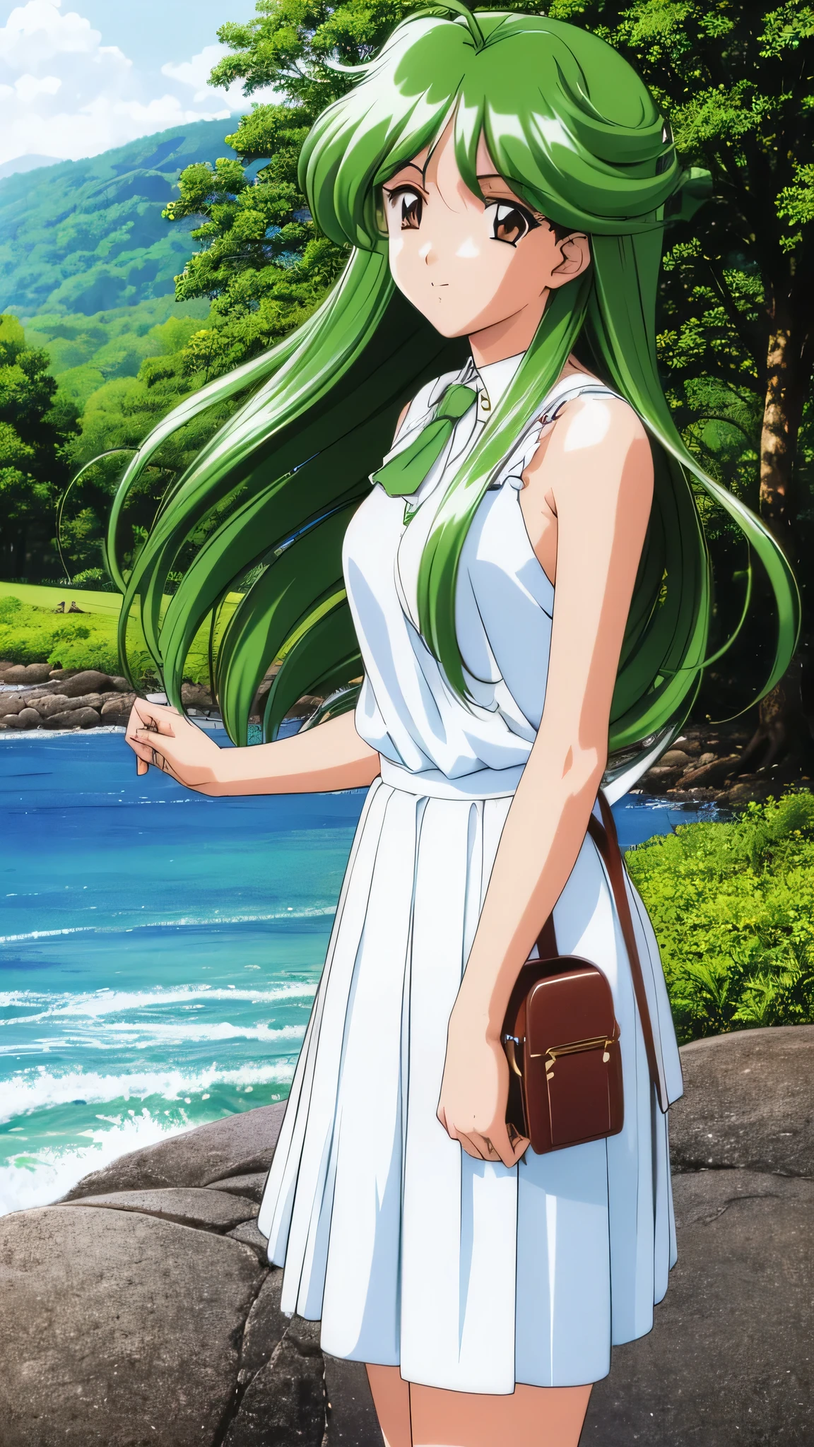 （masterpiece：1.3)、Aso Kasumi TM2, One girl, alone, Long Hair, Green Hair,   smile, Brown eyes, No sleeve, handbag, Ascot, View your viewers, White tank top,  Beautiful Landscape、White pleated skirt、mini skirt、((Wave one hand))、summer、Tank top、