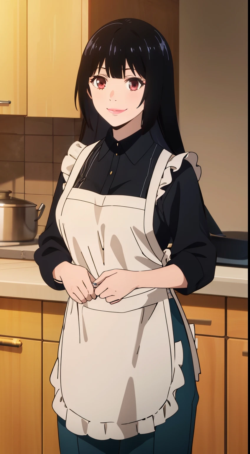 A woman wearing a white apron holding a knife with a manic smile. Short black hair inside a Japanese style house. Brave eyes, the knife in his right hand and the other hand behind his back. 