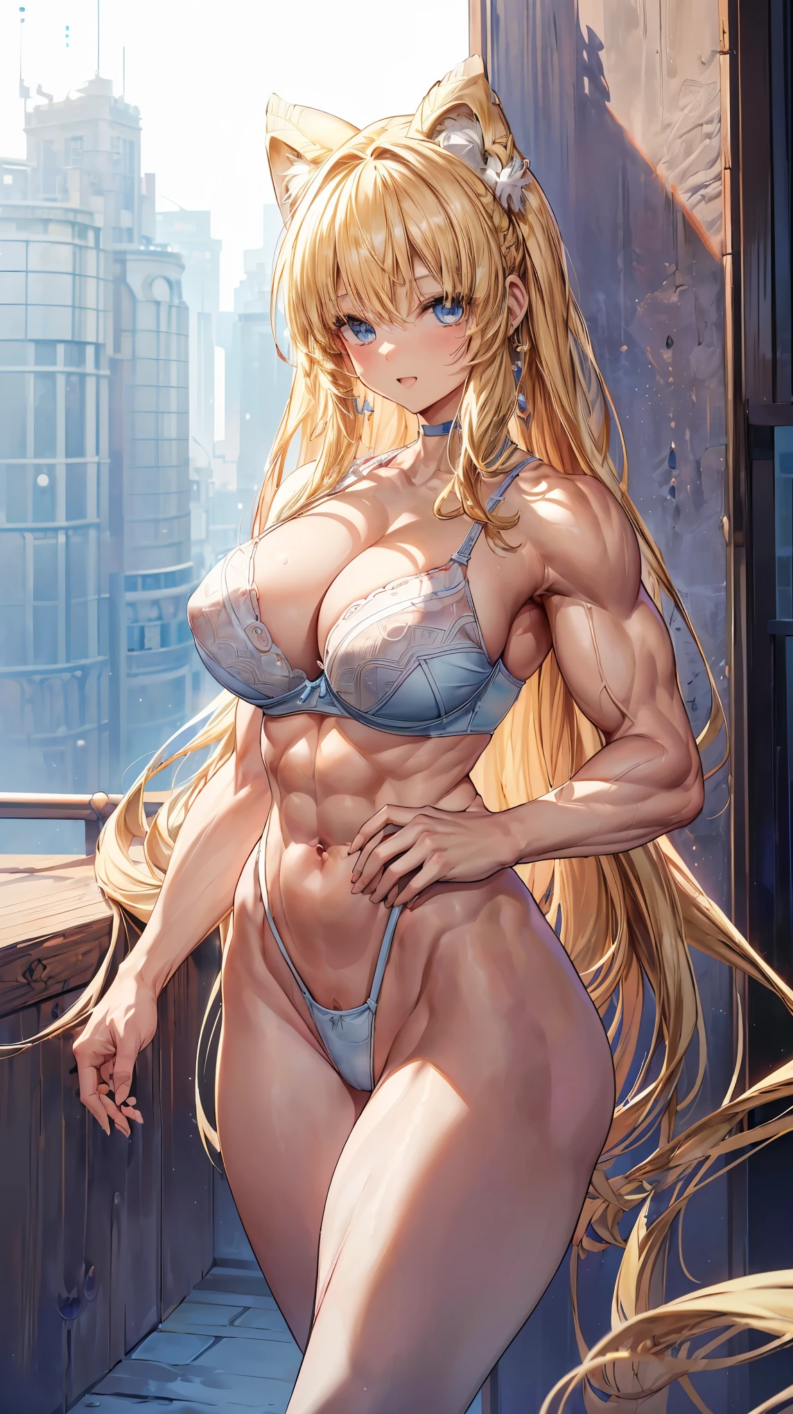 Very detailed、highest quality、Best image quality、masterpiece、8k、Anime Face、A kind smile、(Open your mouth:1.3)、Sparkling blue eyes、(Blonde semi-long hair:1.5)、(Muscles of the whole body:1.3)、(highleg:2.0)、Thigh belt、(Cowboy Shot:1.5)、(SFW Giant)、(Thick body:1.2)、(bra:1.5)、(sxspnts)、(Hands on hips:1.1)