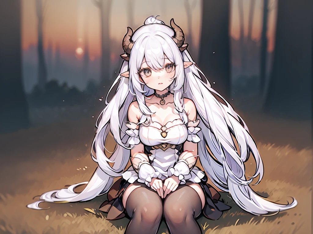((masterpiece)), ((bestquality)), (ultra-detailed), 1 girl, white hair, red eyes, W sitting, detailed face, smile, dragonian_head, dragonian_body, dragonian_hairstyle, dragonian_horns, dragonian_tail, white tail, white long dress, white tights, black choker, silver circlet, hammer on the ground, grassland, clear line, in the middle of picture, nature background