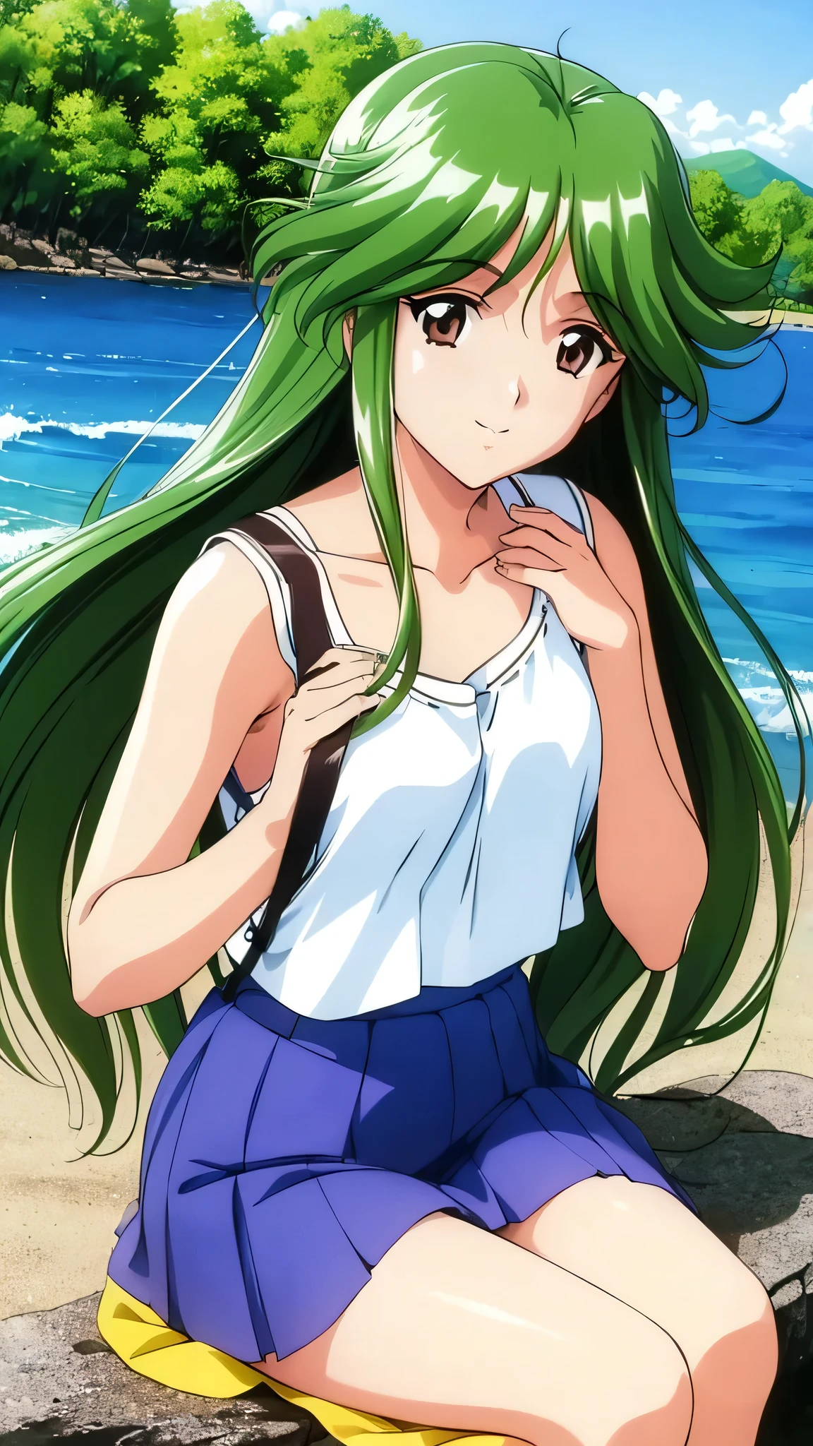 （masterpiece：1.3)、Aso Kasumi TM2, One girl, alone, Long Hair, Green Hair,   smile, Brown eyes, No sleeve, handbag, Ascot, View your viewers, White tank top,  Beautiful Landscape、White pleated skirt、mini skirt、((Wave one hand))、summer、Tank top、Sitting、beach、Anime Style