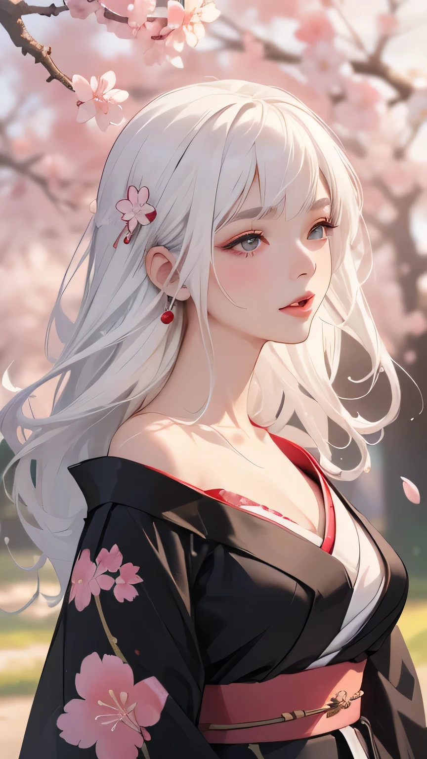 ((Styled white hair:1.5))(Japan kimono with cherry blossom pattern:1.3), Symmetric, (highest quality, Realistic:1.4, RAW Photos:1.2, Cinematic Light, Highly detailed illustration), (1woman:1.3, alone), (Asian Girl, Very delicate face, Super beautiful face, Very delicate eyes, Highly detailed nose, Very sophisticated mouth, Highly detailed facial features), woman, (Medium Bust:1.3), skin, Lip gloss, Laughter, Full Body View, High resolution, High resolution, 8k, Masterpiece 2:1, Skin radiance, Shining skin, Young girl,（ Kyoto、Scattering cherry blossoms）、(Off the shoulder, Scapula、Black kimono、Exposing shoulders、Beautiful cleavage)(White Hair、Black kimono、Black sleeves、Black hem、Red belt)(Leaning against a tree):1.5
