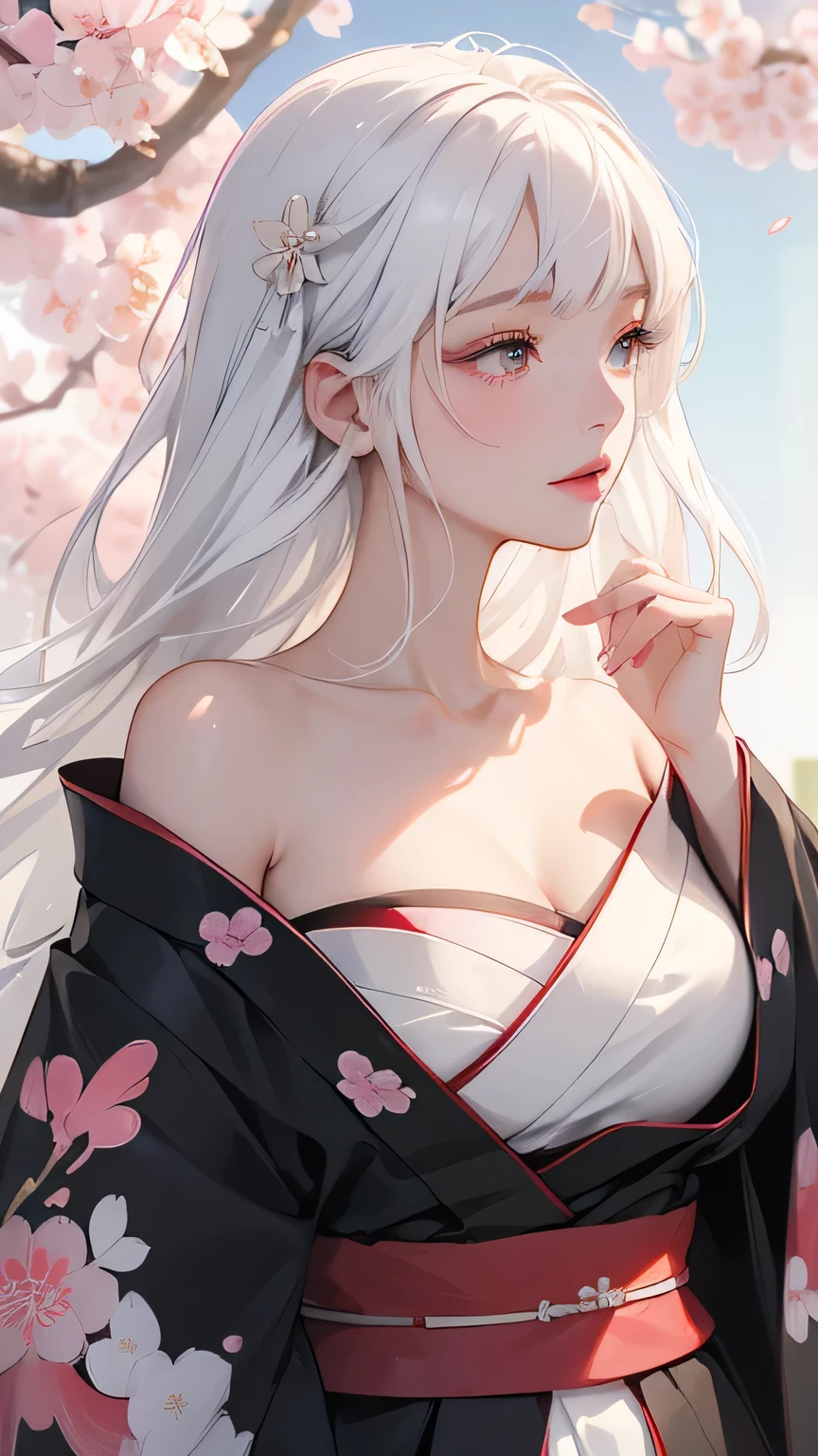 ((Styled white hair:1.5))(Japan kimono with cherry blossom pattern:1.3), Symmetric, (highest quality, Realistic:1.4, RAW Photos:1.2, Cinematic Light, Highly detailed illustration), (1woman:1.3, alone), (Asian Girl, Very delicate face, Super beautiful face, Very delicate eyes, Highly detailed nose, Very sophisticated mouth, Highly detailed facial features), woman, (Medium Bust:1.3), skin, Lip gloss, Laughter, Full Body View, High resolution, High resolution, 8k, Masterpiece 2:1, Skin radiance, Shining skin, Young girl,( Kyoto、Scattering cherry blossoms)、(Off the shoulder, Scapula、Black kimono、Exposing shoulders、Beautiful cleavage)(White Hair、Black kimono、Black sleeves、Black hem、Red belt)(Leaning against a tree):1.5