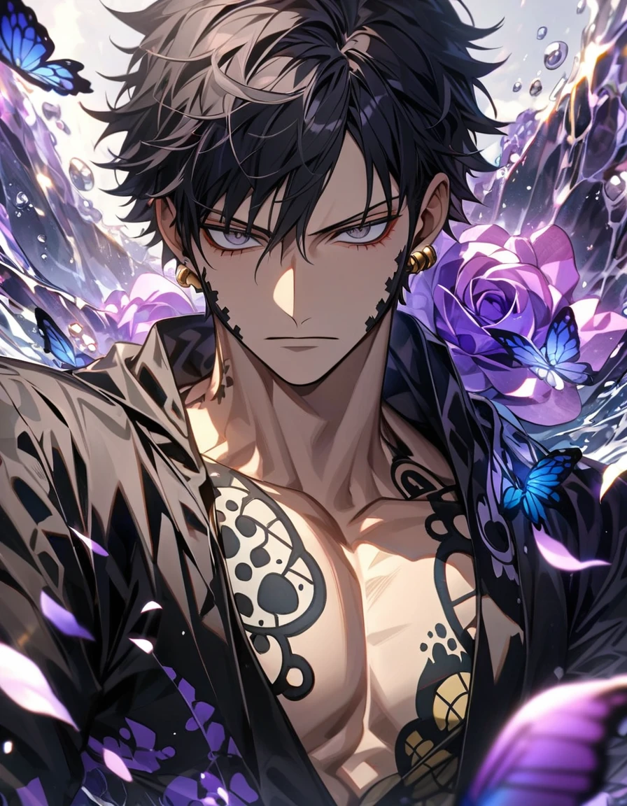 Ultra detailed, HDR, Highres, absurdres, master piece, Trafalgar D Water Law, black hair, expressive grey eyes, black clothes with patterns, One Piece, purple glittering butterflies, purple ice, petals, purple ice roses, sexy man, solo, extremely detailed face and eyes, handsome, glittering, water,