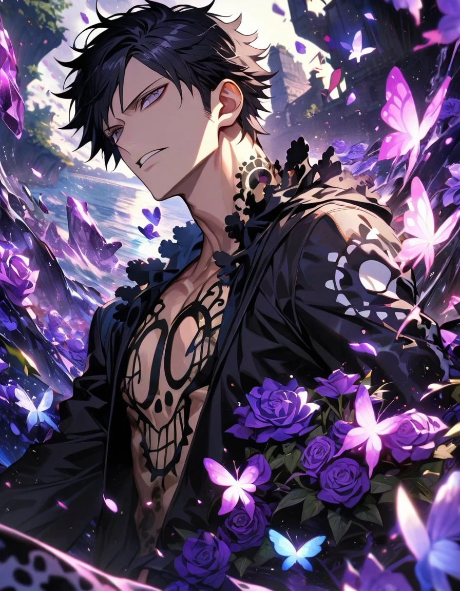 Ultra detailed, HDR, Highres, absurdres, master piece, Trafalgar D Water Law, black hair, expressive grey eyes, black clothes with patterns, One Piece, purple glittering butterflies, purple ice, petals, purple ice roses, sexy man, solo, extremely detailed face and eyes, handsome, glittering, water,