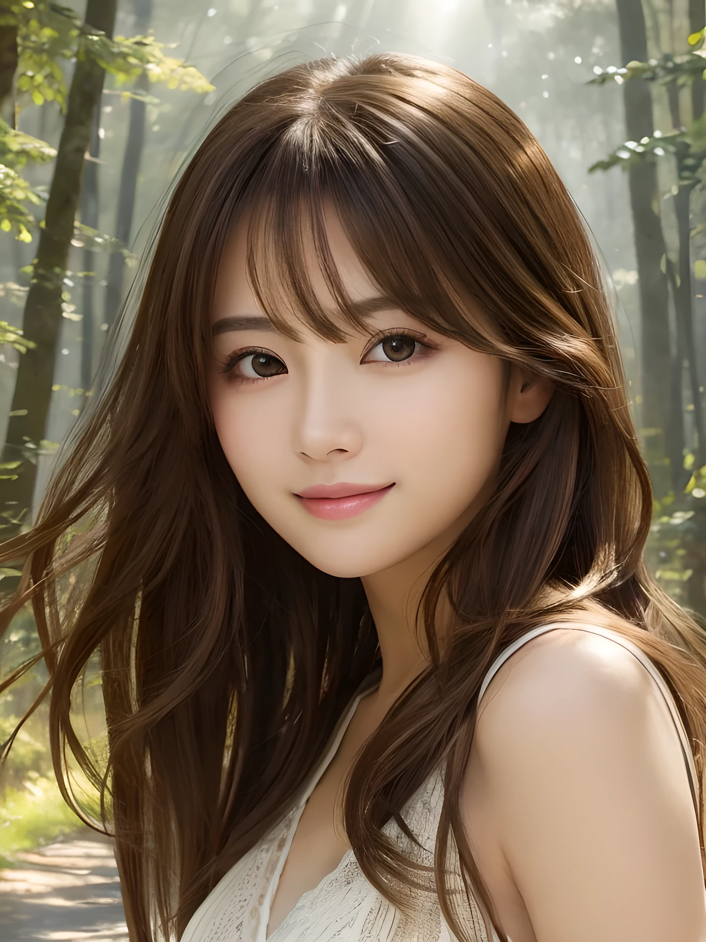 masterpiece, highest quality, High resolution, wallpaper, realistic, (bright lighting:1.4), professional lighting, face light, smooth lighting, japanese girl, close-up of face, cute, happy, smile, shy, Beautiful girl, gravure, sexy, super beautiful, beautiful skin, beautiful and detailed eyes、detailed face、slim、moderately, Medium hair, brunette colored hair, hair blown by the wind, brown eyes, The morning sunlight shines through the misty forest path.