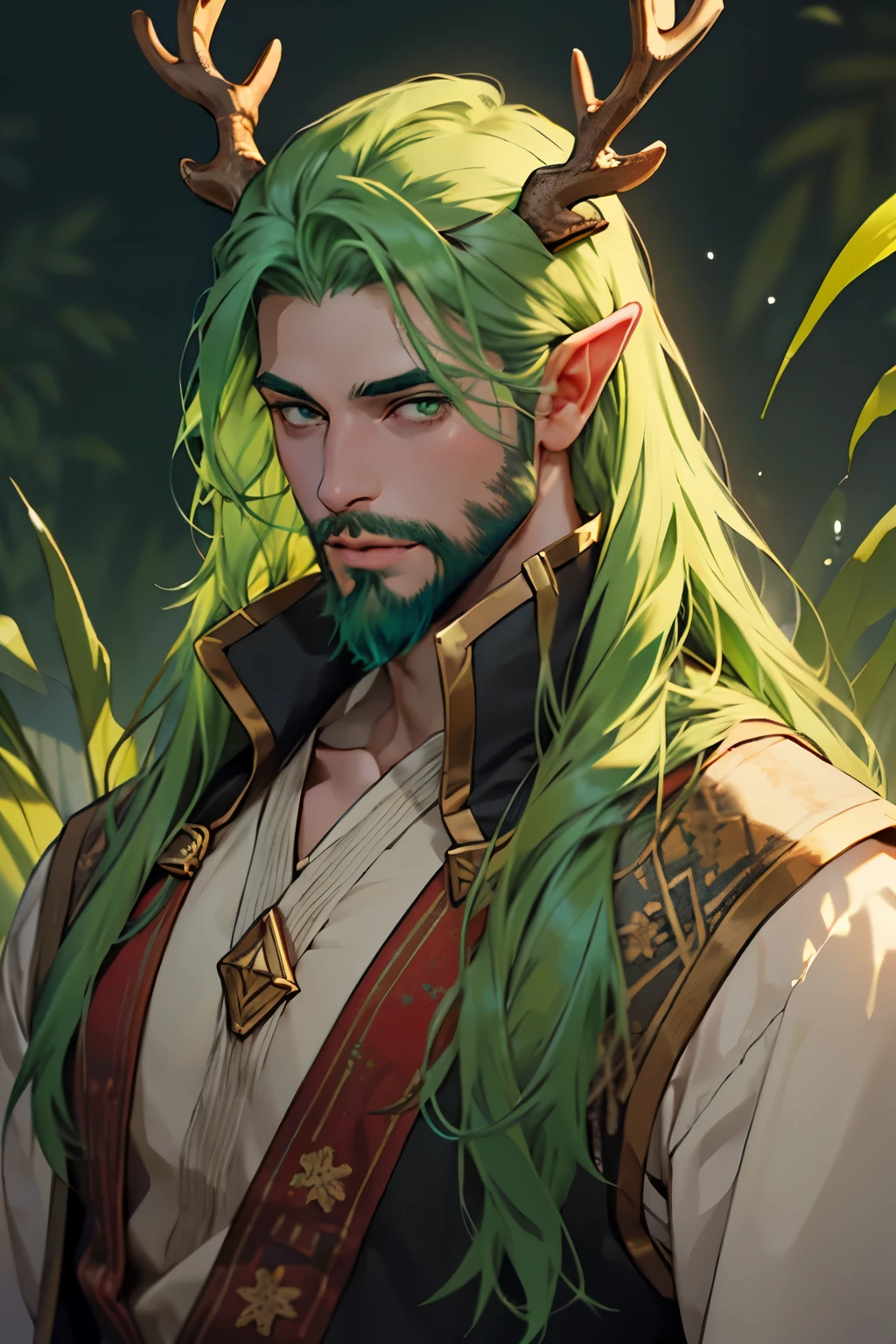 green skinned Male eladrin with long green hair antlers and a neat trimmed green beard golden iris