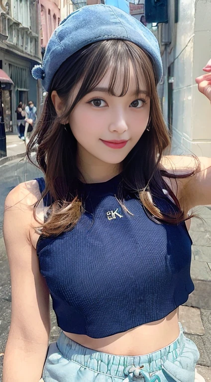 ((Best Quality, 8K, Masterpiece: 1.3)), (Flower Cap: 1.3), Focus: 1.2, Perfect Body Beauty: 1.4, Buttocks: 1.2, (Layered Haircut: 1.2)), (Dark Street: 1.3), Highly Detailed Face and Skin Texture, Full Body, Delicate Eyes, Double Eyelids, Whitened Skin, Long Hair, (Round Face: 1.5), (Loose Crop Top, Shorts: 1.6).smile.blue