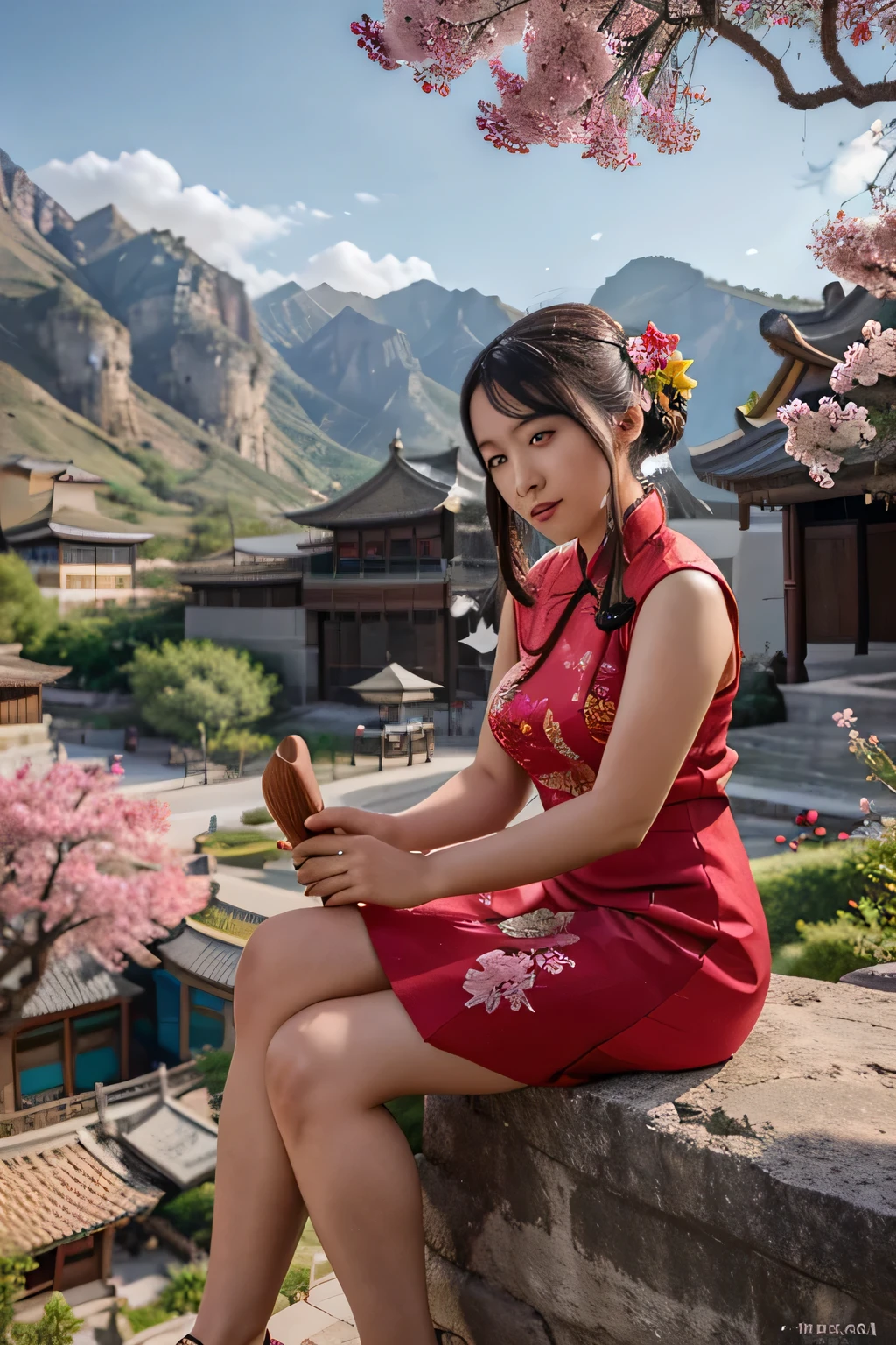 An ancient Chinese girl in a red qipao playing guqin under a pink flower tree, having rock mountains in background.