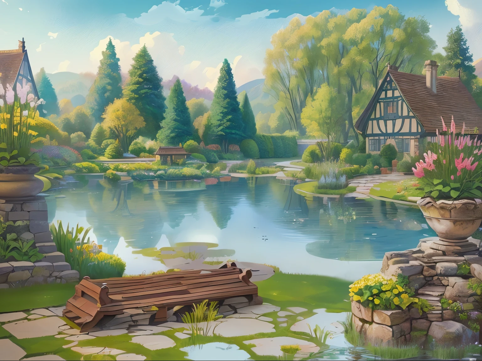 There is a painting,There is a garden in the painting,There is a pond and a house inside, Fairy tale style background, background technologywork, royal Garden Background, Garden Background, background technology, Detailed lake in the background, beautiful Lake Background, 2D Game Art Background, mobile game background, Lake Background, Landscape Art Detail, Elf forest background, garden pond scene, Detailed scenery —width 672
