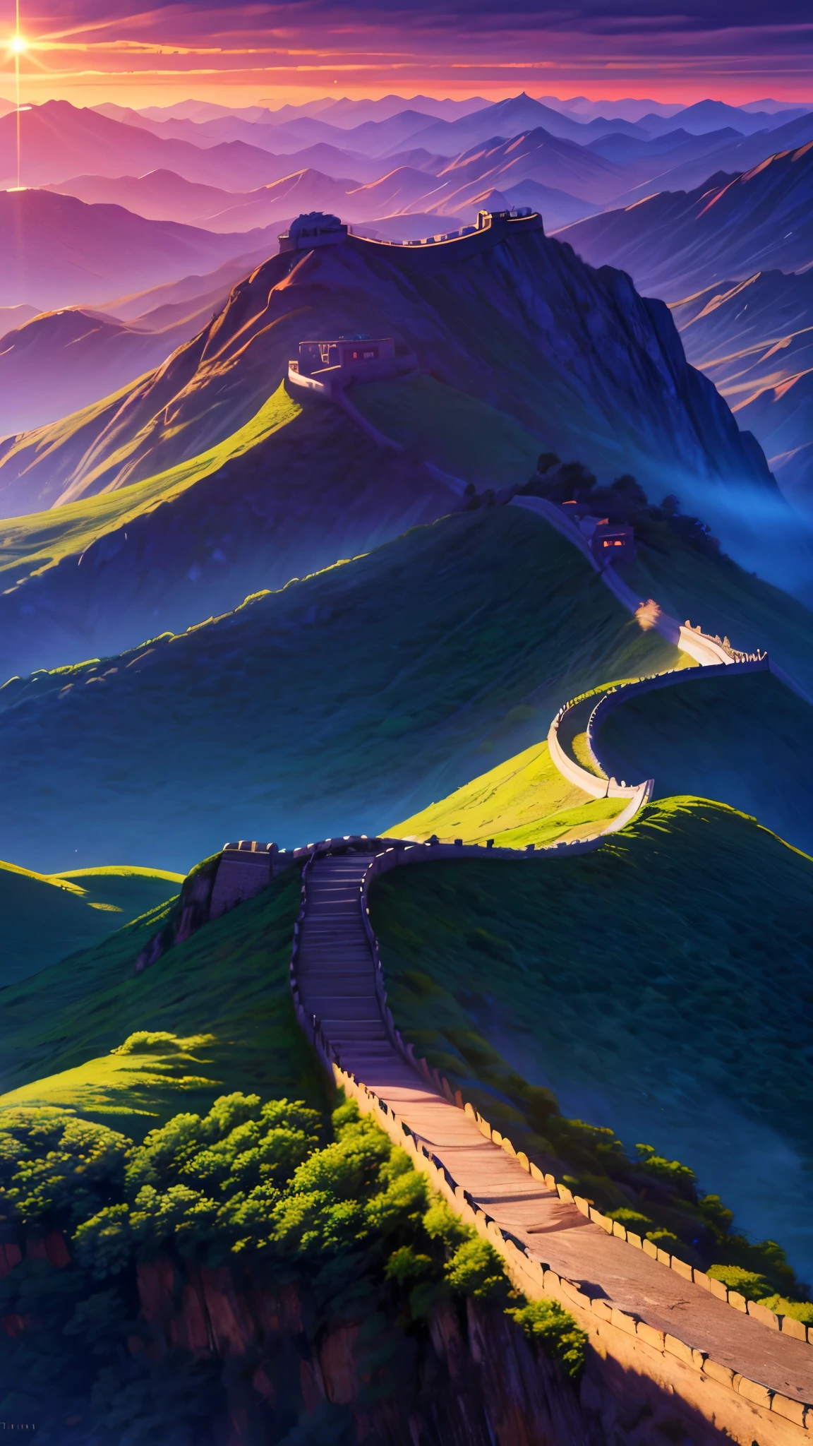 hiper-realista, textura realista, dramatic lighting, (melhor qualidade:1.1), Envision a breathtaking panorama of the Great Wall of China, winding majestically over rugged, rolling hills that stretch far into the distance. The ancient stones of the Wall are bathed in the warm, golden hues of the setting sun, casting long, dramatic shadows across the landscape. The sky above is a mesmerizing blend of pink and blue, with fluffy clouds painted in soft pastels, creating a dreamlike atmosphere.
Cutting through this picturesque scene is a classic twin-engine airplane, trailing a stream of white smoke as it soars gracefully above the Great Wall. The aircraft's sleek, vintage design adds a touch of nostalgic adventure to the timeless setting. Its path leaves a swirling, ephemeral trail against the colorful canvas of the sky, adding a dynamic element to the serene, historical backdrop.
The sun, a glowing orb on the horizon, casts its last light over the Wall, illuminating the rugged terrain and highlighting the intricate details of the ancient structure. The combination of the Wall's grandeur, the ethereal sky, and the adventurous spirit of the bimotor airplane creates a captivating image that blends history, nature, and the thrill of exploration into a single, unforgettable moment."