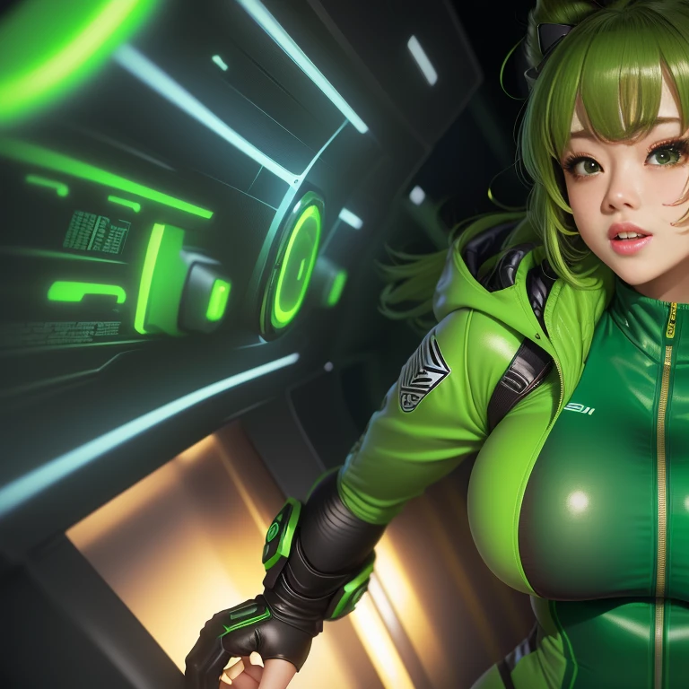Close-up of a woman in a green jacket and a green bike, Nano Girl, Kamen Rider character, Kamen Rider, Nano Girlv 2, honest, Chiho, Namco, Beasts, Advertising images, high fantasy Kamen Rider, shinkai honest, tsutomo nihie, banner, honest shinka, there is nothing、Camel Toe、Giant tit、Nipple Puffs、Cleavage、Plump、Super big breasts、Super big butt