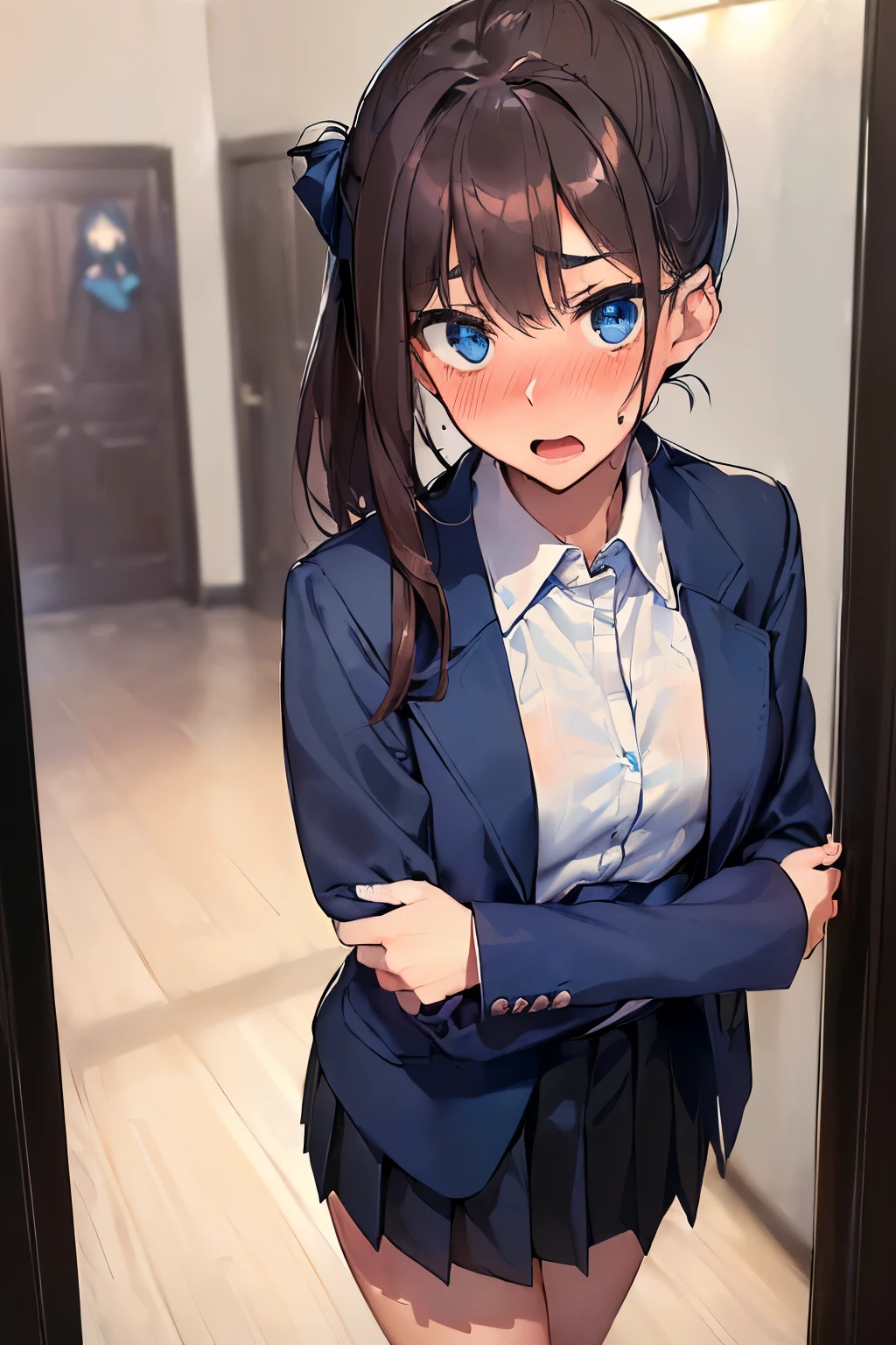 ((best quality)), ((masterpiece)), ((detailed)), (((perfect face))), (((small bust))), (((slender 18yo teenage girl))), (((dark blue suit jacket))), ((dark blue pleated skirt from waist to thighs))), ((dark brown hair)), ((short ponytail)), (((blue eyes))), ((blushing:1.5)), (((looking up at viewer))), (((((white shirt))))), (((standing))) (((fancy wide corridor))), (((surprised:1.5))), (((wide open mouth))), (((shy arms)))