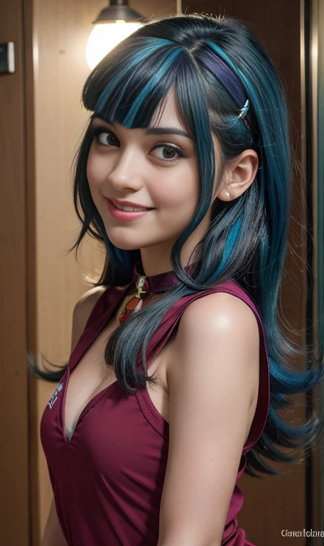 Photo oF a 18 year-old American girl, .CRUDO, beautiFul woman  , cabello largo color azul turqueza ((retrato)), ((Cara detallada:1.2)), ((Detailed Facial Features)), (Piel Finamente detallada) , ojos color.azul , 、un sexy(color fresco), wet, wet, ReFlectoreasutepiece) (proporciones perFectaotos realistas)(La mejor calidad) (Detallado) FotograFiado con una EOS R5 de Canon, lente de 50 mm, F/2.8, NFFSW, (8K) (papel tapiz) (cinematic lighting) (dramatic lighting) (sharp Focus) (Enrevesado) senos grandes , pechos grandes , cuerpo completo , hermoso cuerpo de adolesente  ,lindo maquillaje , gran sonrisa , labios rojos. Mlp , Sonata Dusk  , foto dinamica , pose atrevida , concierto , noche , sonrisa presumida , ropa morada , brazalentes con puas , cabello largo color azul turqueza con mechas color morado, cuerpo completo , foto de cuerpo completo , my little pony Equestria girls , tiene un collar con un rubi , ropa de pelicula my little pony Rainbow rocks