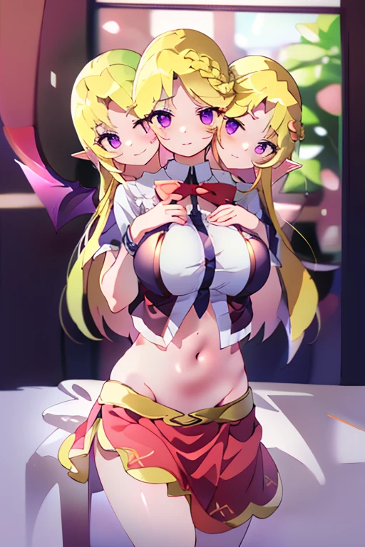 (masterpiece, best quality), best quality, (ultra-detailed), (3heads:1.5), 1girl, (elis:1.3), masterpiece, best quality, ultra quality, ultra resolution, ultra detail, white top, crop top, ((stomach)), midriff, ((groin)), red skirt with strange purple markings along its hem, miniskirt, normal ears, midriff, , blonde hair, very long hair, wavy hair, sidelocks, purple eyes, parted lips, sweat, cute, toned belly, hand on own chest, eyelashes, (25 year old woman:1.3), (masterpiece:1.5), (best quality:1.5), (beautiful detailed), extremely detailed CG, extremely delicate and beautiful, depth of field, (finely detailed face), (perfect details:1.2), (mature female:1.3), wide pelvis, slender, large veiny breast, 16k resolution, highres, very high quality, very high definition, extremely detailed, masterpiece, blonde long hair, alluring presence, twin braid, short skirt, close up, big tits, young, red bow, purple bat wings, nsfw, open belly,
