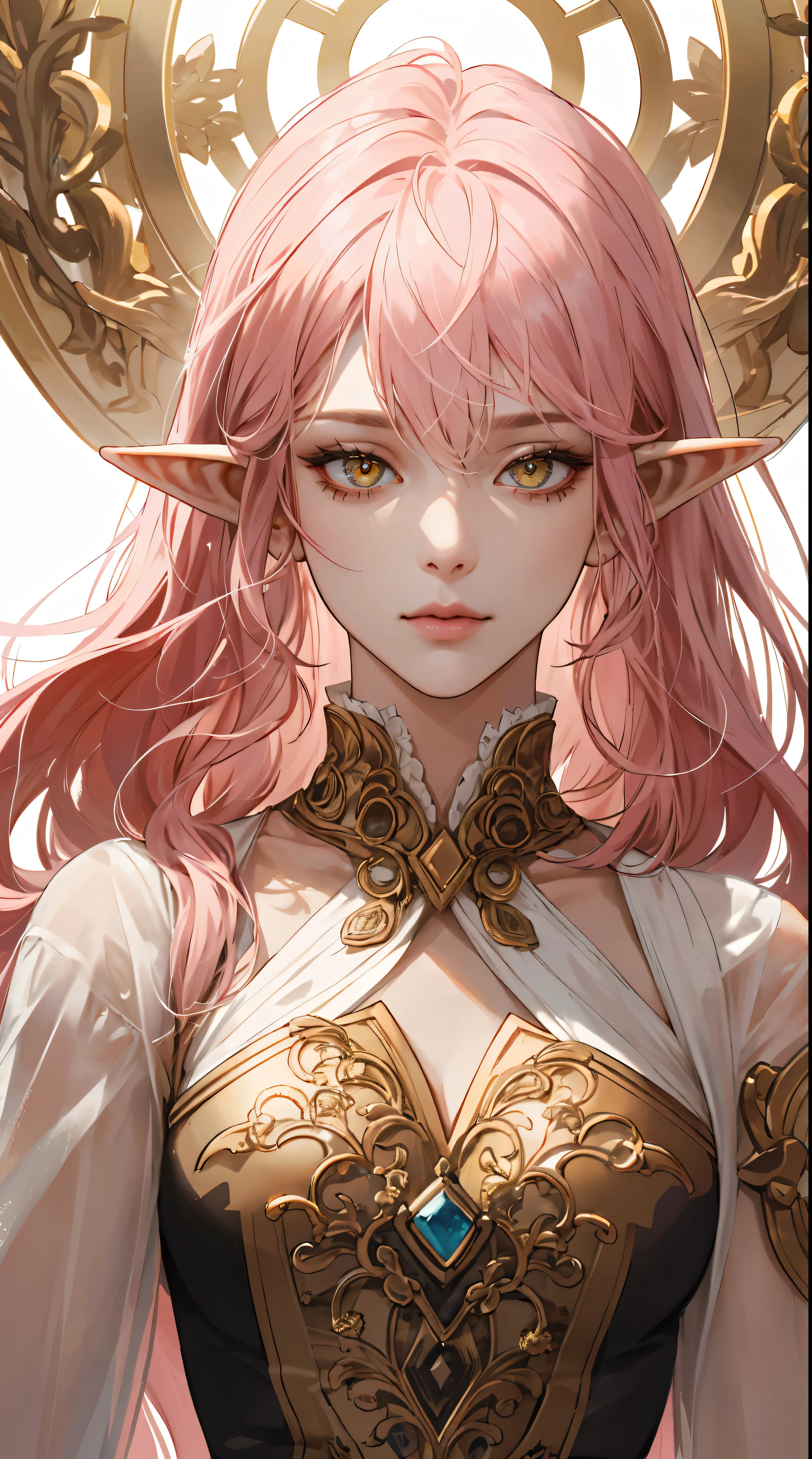 (Extremely Delicate and Beautiful:1.2), 8K ,elf ears,(Masterpiece:1.0),(best_quality:1.0), 1girl, mature woman, complex details, enlarged textures, complex details, finely detailed eyes and detailed face, intricate details, pink hair, (closed mouth), perfect eyes, equal eyes, (goddess), perfect body, extremely detailed,golden eyes
