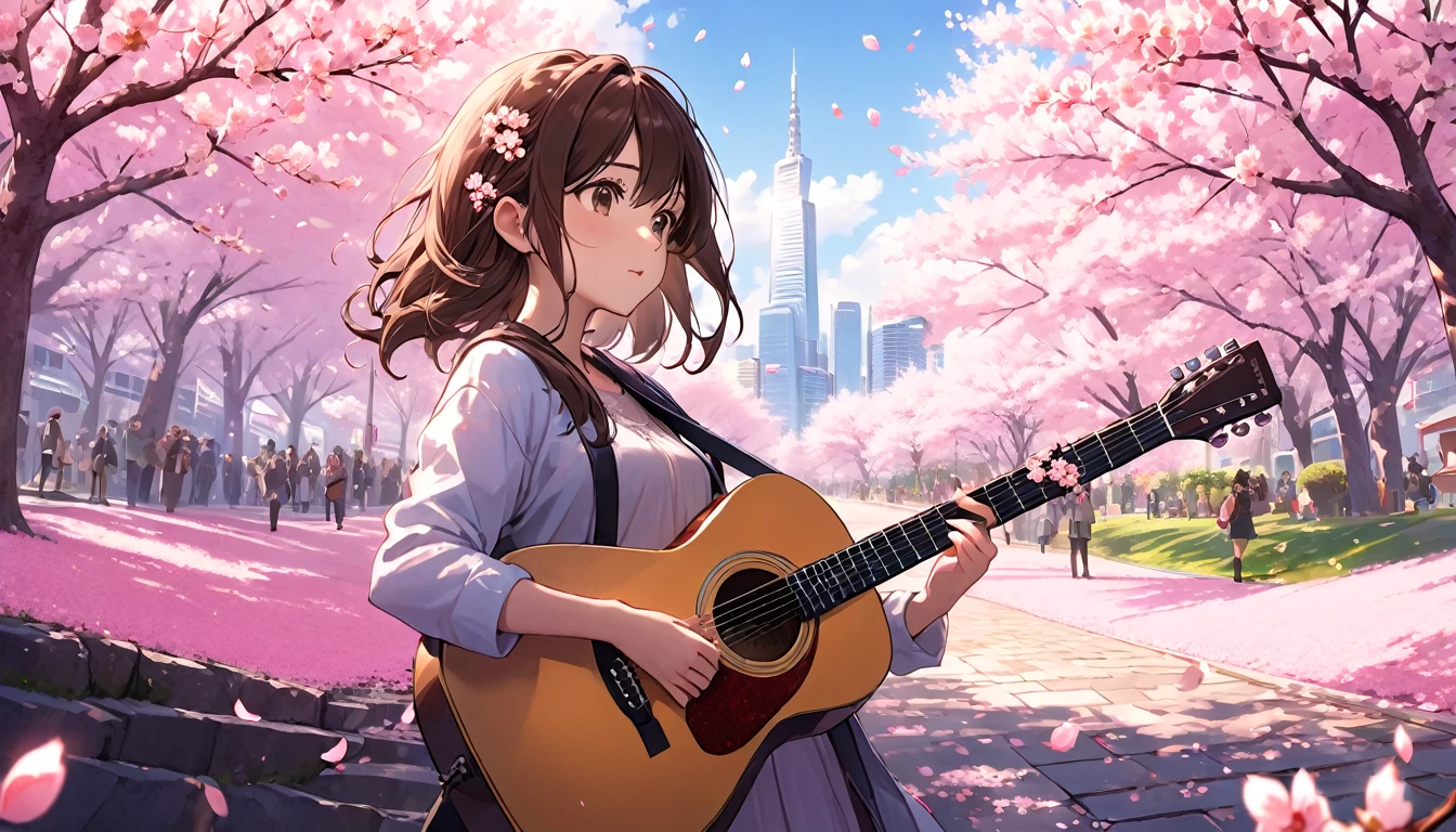 Highly detailed CG Unity 8k wallpaper, best quality, Ultra Detailed, Perfect lighting, accurate shadows, Vibrant,(Cherry Blossom Background)
close, masterpiece,Surrounded by cherry blossom trees、 best quality,Brunette girl cute girl playing guitar petals, number, best quality, Ultra Detailed,Looking at the city in the distance