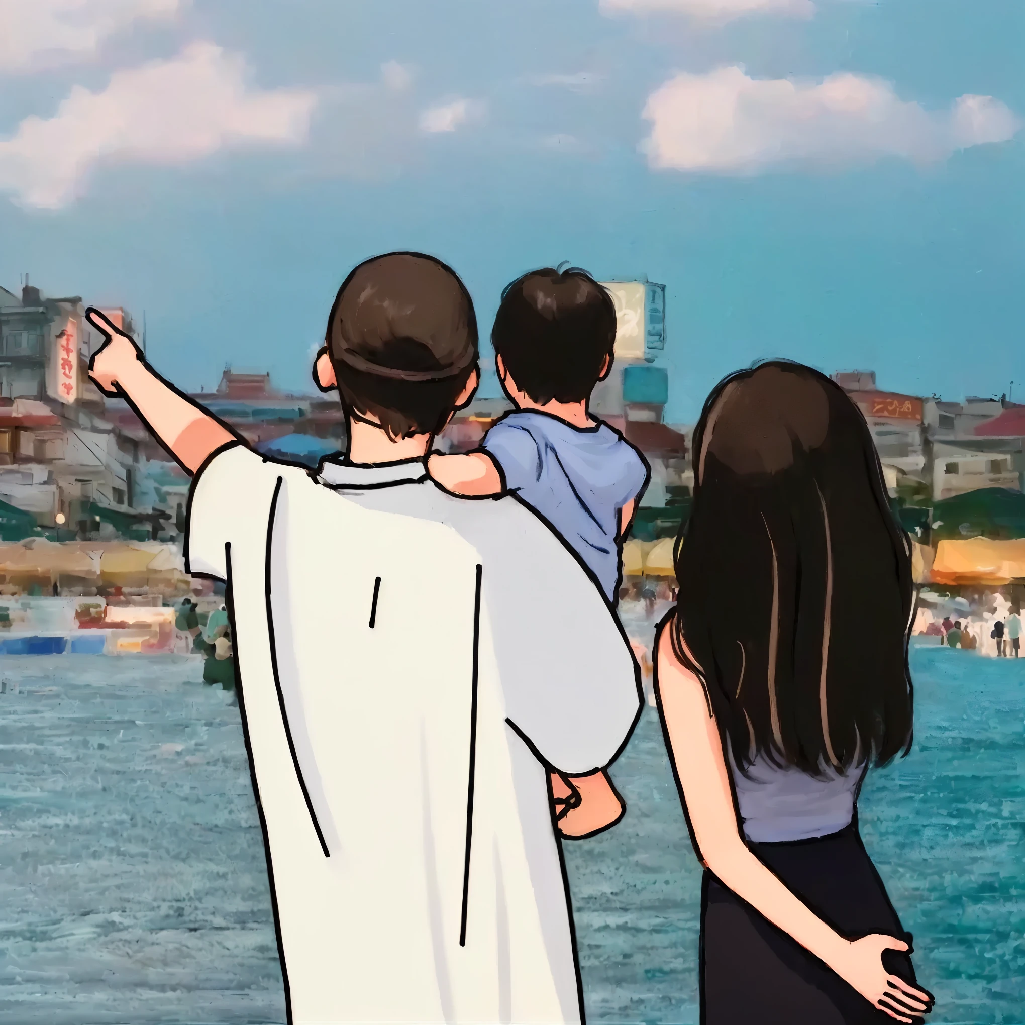 Two people standing on the beach looking at the water, hand painted Cartoon艺术风格, digital Cartoon art, Cartoon艺术风格, I fit it, in Cartoon风格, family, Cartoon数字, happy , Carnival on Ice, 逼真的Cartoon, Cartoon风格 illustration, , Cartoon, Lofi art style, Cartoon数字艺术, Cartoon风格, Parents are watching