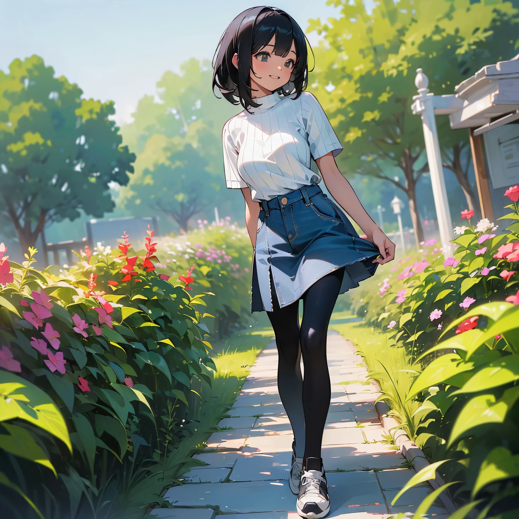 (high quality, High resolution, Very detailed, reality:1.37), Peaceful atmosphere, (Outdoor, garden),  girl standing alone, (my breasts are big.), Beautiful details, Cute Smile, (Black bob hair), Short sleeve ribbed sweater, Denim skirt, Black tights, sneakers.