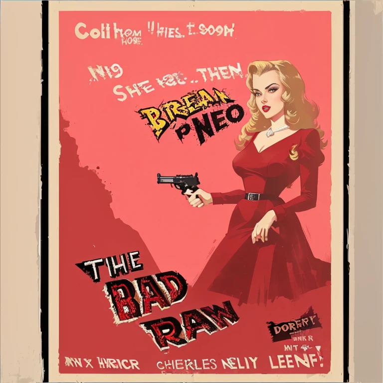There is a poster of a woman in a red dress holding a pistol., Old retro pulp noir comic cover, retro movie posters, 1 9 5 0 s Thriller, born, poster cover art, Retro pulp art, Butcher Billy Style, Grainy poster art, 1950s Movie Posters, Old retro pulp, dbornn in a neo - noir style, Movie Poster Art