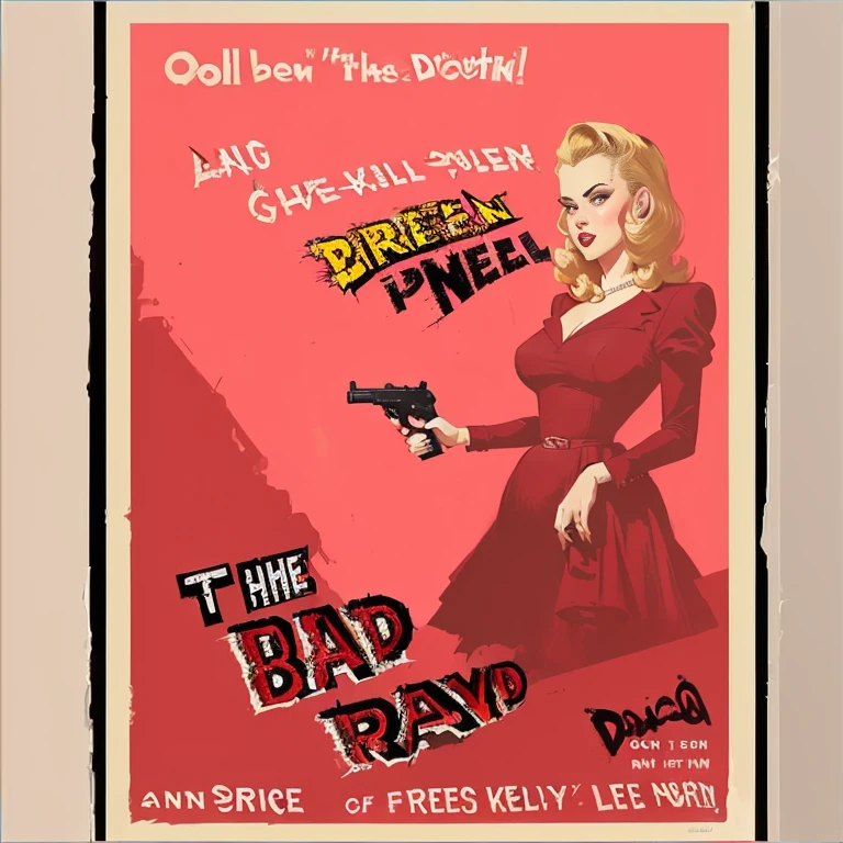 There is a poster of a woman in a red dress holding a pistol., Old retro pulp noir comic cover, retro movie posters, 1 9 5 0 s Thriller, born, poster cover art, Retro pulp art, Butcher Billy Style, Grainy poster art, 1950s Movie Posters, Old retro pulp, dbornn in a neo - noir style, Movie Poster Art