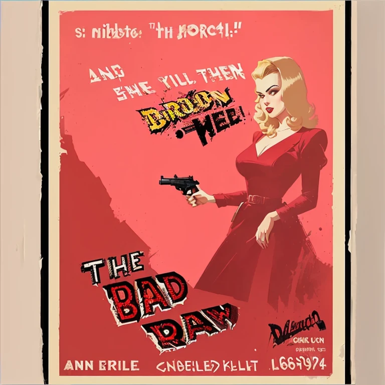 There is a poster of a woman in a red dress holding a pistol., Old retro pulp noir comic cover, retro movie posters, 1 9 5 0 s Thriller, born, poster cover art, Retro pulp art, Butcher Billy Style, Grainy poster art, 1950s Movie Posters, Old retro pulp, dbornn in a neo - noir style, Movie Poster Art