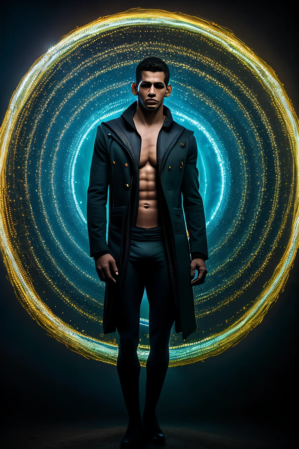 Obra maestra, mejor calidad, 1 male, adulto, maduro, chico alto y musculoso, tema oscuro, magic circle, burbuja, Luz del sol del arco iris, submarino, espejo reflejado, pieza flotante de vidrio, Luz del arco iris, Burbuja arremolinada, viento arremolinado, Aurora, paisaje de fantasia, Luz de las estrellas alrededor del personaje, (parte superior del cuerpo)