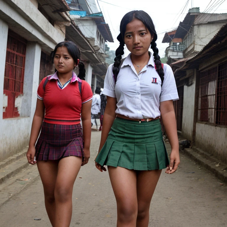 Nepali girls short skirts Kathmandu city public pigtail