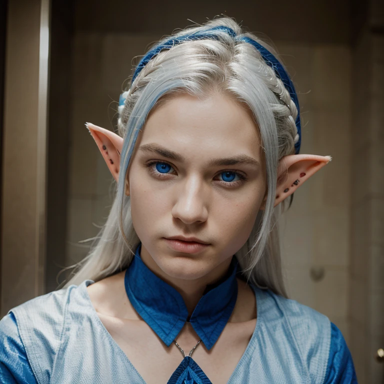 The man with lang hair and wite, the face beautiful with elf ears, eyes and blue