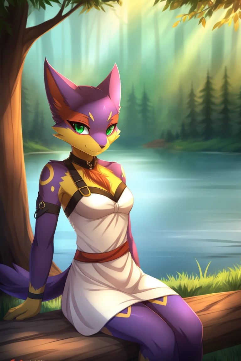 By zinfyuu on pixiv,by twistedscarlet60, uploaded on pixiv, by fluff-kevlar, (masterpiece), (best quality), (anthro furry:1.3, snout:1.2, anthro:1.3, furry:1.2, solo female:1.2), (extremely detailed:1.3), (green_detailed_eye), wearing white dress, sfw, forest, sitting, lake, nature beauty, view on viewer, liepard