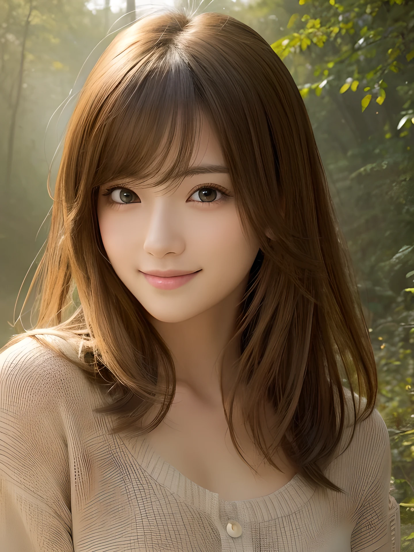 masterpiece, highest quality, High resolution, wallpaper, realistic, (bright lighting:1.4), professional lighting, face light, smooth lighting, japanese girl, cute, happy, smile, shy, Beautiful girl, gravure, sexy, super beautiful, beautiful skin, beautiful and detailed eyes、detailed face、slim、moderately, Medium hair, brunette colored hair, hair blown by the wind, brown eyes, Summer Dresses, The morning sunlight shines through the misty forest path.